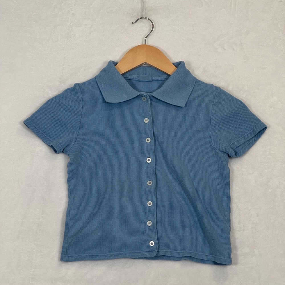 John Galt‎ Blue Waffle Knit Button Up Polo Top OS